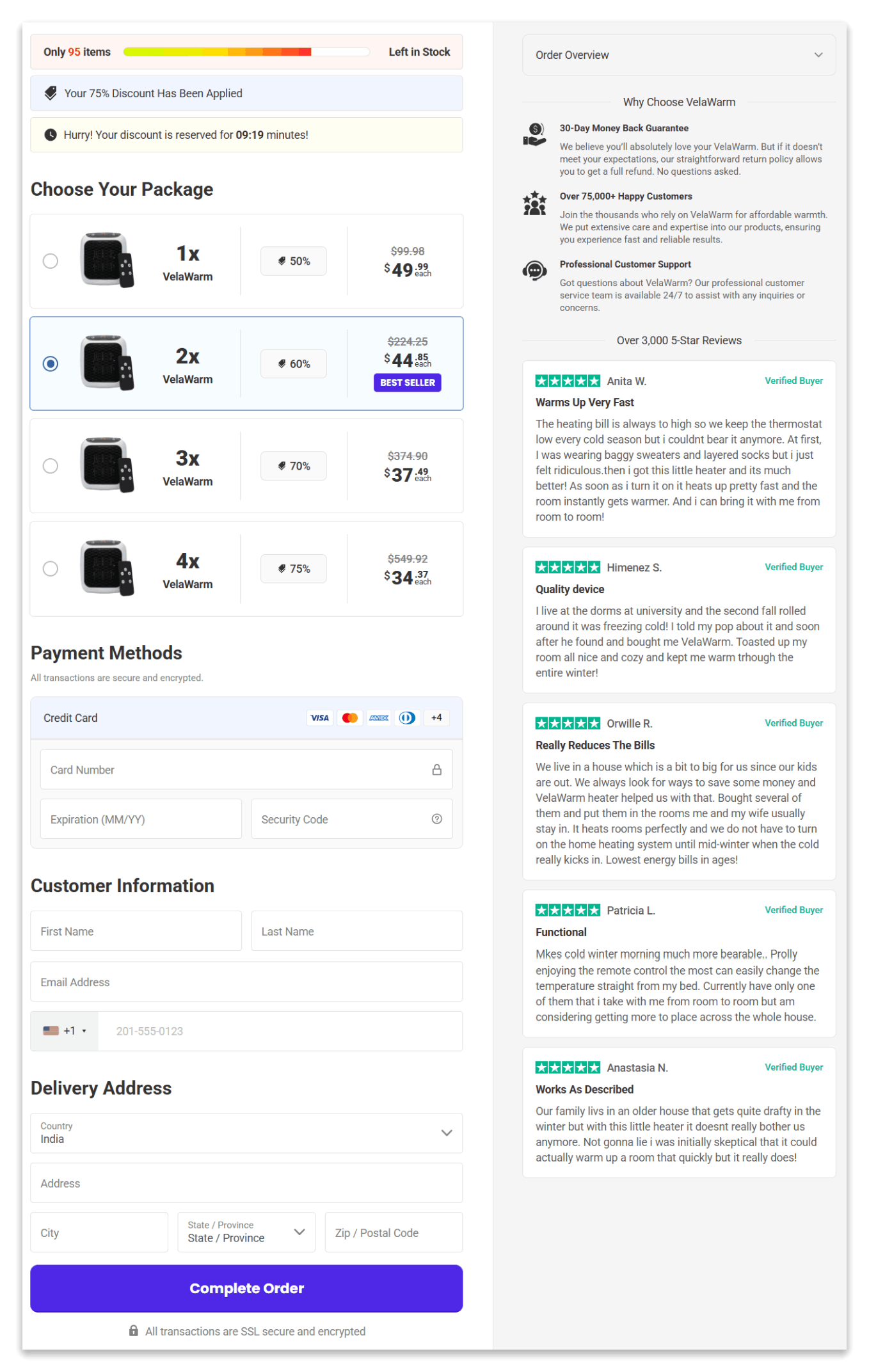 VelaWarm Heater Secure Checkout Page